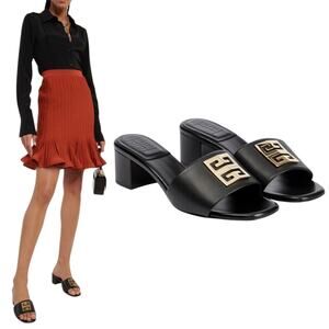 Givenchy 4G Gold Logo Black Nappa Leather Mule Sandal Size 36